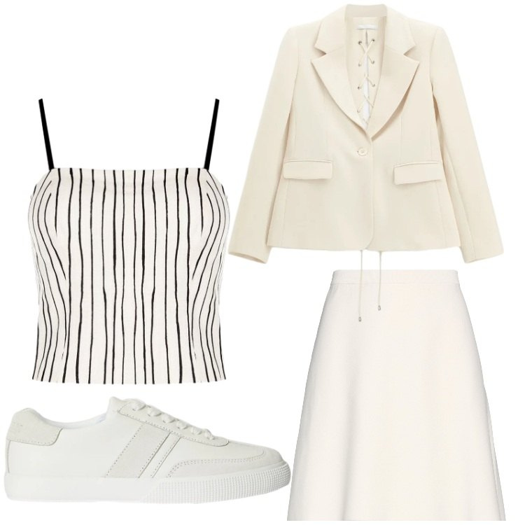 Outfit donna - Dinamica. Stile Sporty chic per Serata fuori. Abbinamento con minigonne, blazer, canottiere, sneakers.