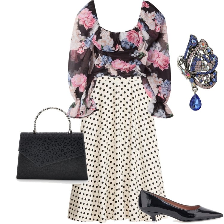 Outfit donna - Fiori e pois alla cerimonia. Stile Chic per Cerimonia. Abbinamento con gonne longuette, bluse, ciondoli, décolleté, pochette.