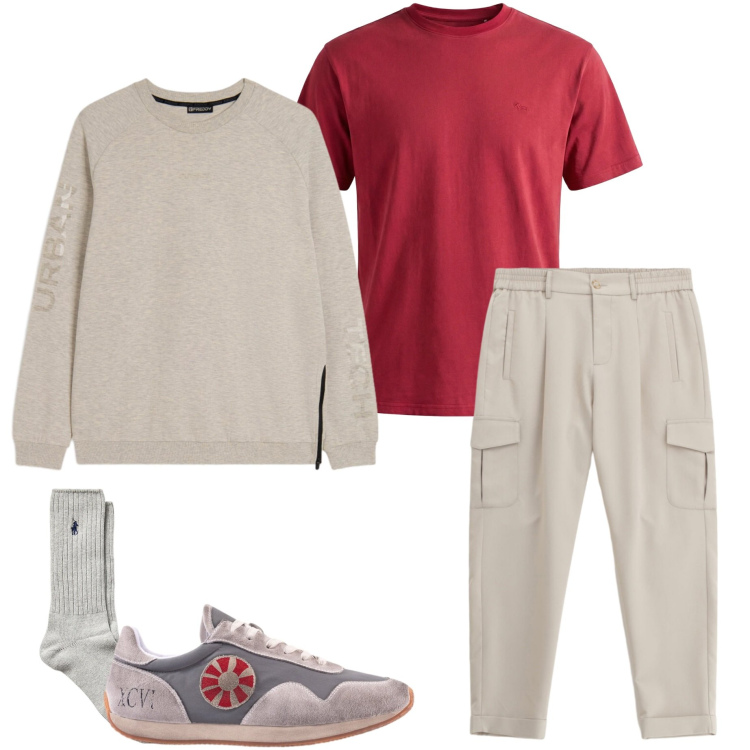 Outfit uomo - Urban primaverile. Stile Urban per Tutti i giorni. Abbinamento con pantaloni cargo, t-shirt, felpe, sneakers, calzini.