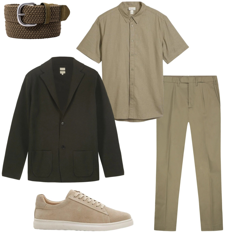 Outfit uomo - Maggio in città. Stile Urban per Ufficio. Abbinamento con camicie a manica corta, sneakers, pantaloni, cinture, giacche.