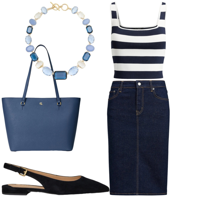 Outfit donna - Primavera in Ralph Lauren. Stile Mannish per Tutti i giorni. Abbinamento con borse tote, gonne, top, ballerine, collane.