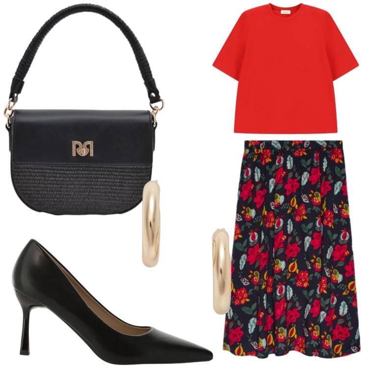 Outfit donna - La gonna a fiori Fiorella Rubino. Stile Romantica per Ufficio. Abbinamento con décolleté, borse a spalla, t-shirt, gonne longuette, orecchini.