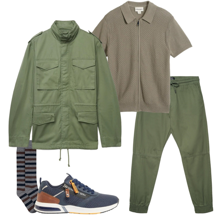 Outfit uomo - Urban primaverile. Stile Urban per Tutti i giorni. Abbinamento con sneakers, polo, pantaloni, cappotti, calzini.