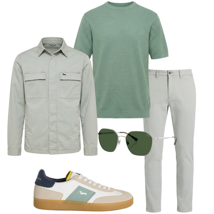 Outfit uomo - In città. Stile Urban per Tutti i giorni. Abbinamento con pantaloni chino, giacche, t-shirt, sneakers, occhiali da sole.