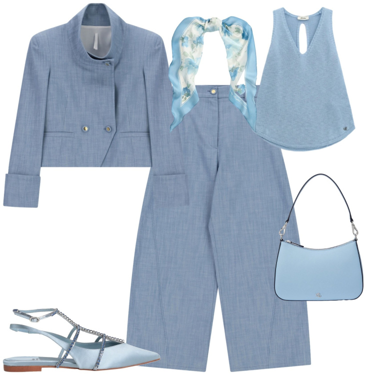 Outfit donna - Mannish con slingback in raso. Stile Mannish per Serata fuori. Abbinamento con ballerine, cappotti, jeans, top, borse a spalla, foulard.