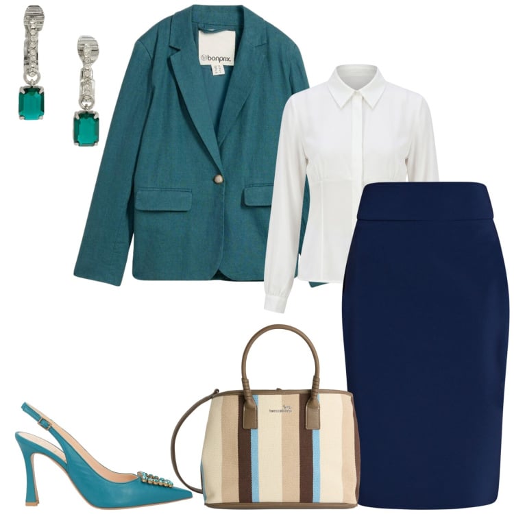 Outfit donna - Riunione di lavoro. Stile Chic per Ufficio. Abbinamento con décolleté, blazer, shopping bag, gonne longuette, camicie, orecchini.