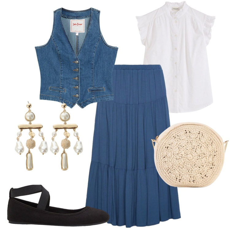 Outfit donna - Total look #2396668. Stile Etnico per Tutti i giorni. Abbinamento con ballerine, gilet, bluse, borse a tracolla, gonne lunghe, orecchini.