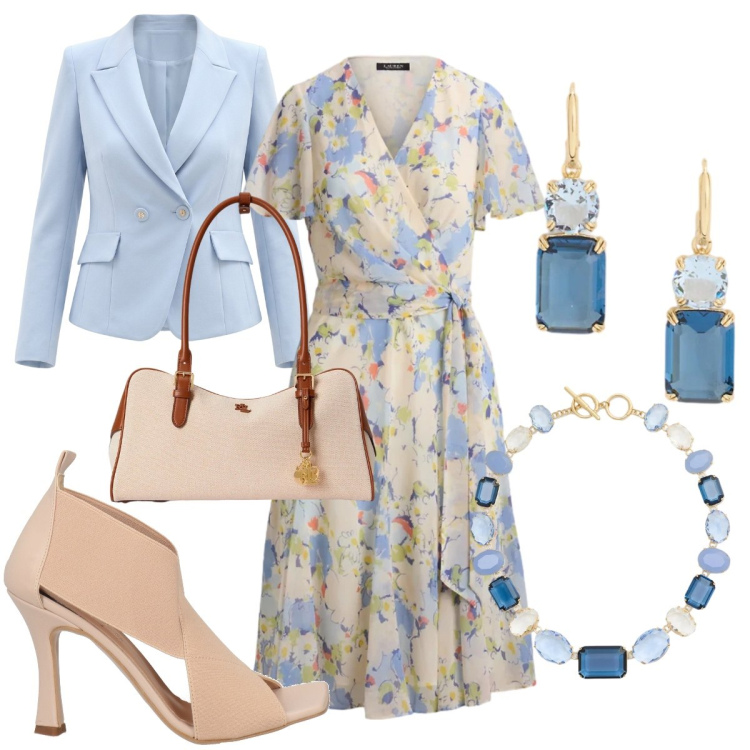 Outfit donna - Total look #2396669. Stile Chic per Tutti i giorni. Abbinamento con sandali in pelle, blazer, borse a mano, orecchini, collane, vestiti midi/longuette.