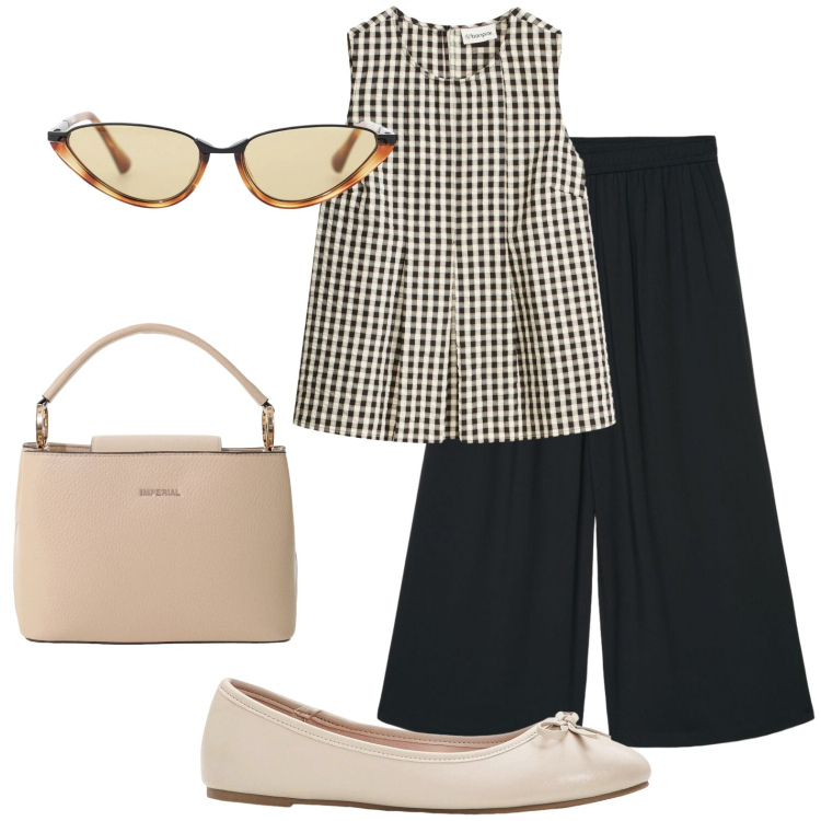 Outfit donna - Blusa retrò. Stile Vintage retrò per Tutti i giorni. Abbinamento con canottiere, ballerine, pantaloni a palazzo, occhiali da sole, borse a secchiello.