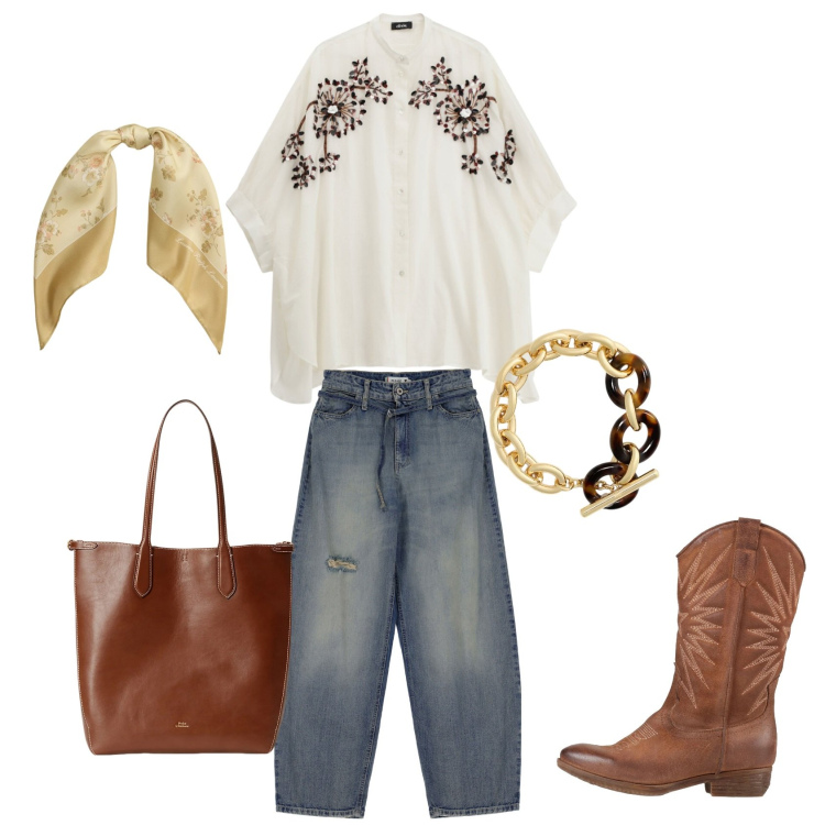 Outfit donna - A day in the life. per Tutti i giorni. Abbinamento con stivali, jeans, camicie, borse tote, braccialetti, foulard.