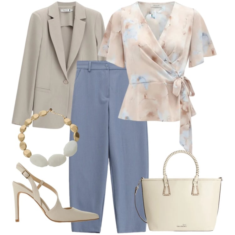 Outfit donna - Total look #2396676. Stile Romantica per Tutti i giorni. Abbinamento con shopping bag, pantaloni, blazer, décolleté, bluse, collane.