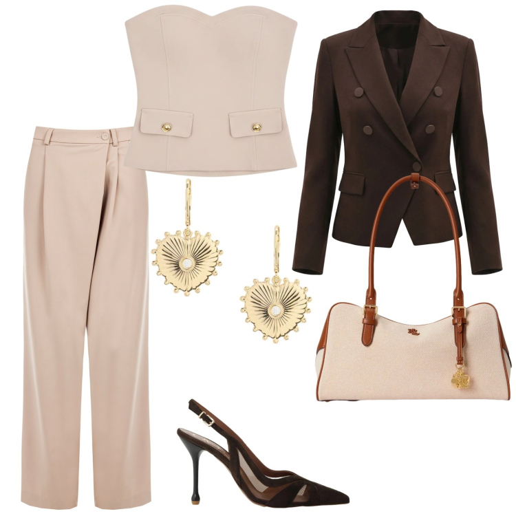 Outfit donna - Pantaloni nascondi pancetta. per Cerimonia. Abbinamento con pantaloni a palazzo, top, blazer, décolleté, orecchini, borse a mano.