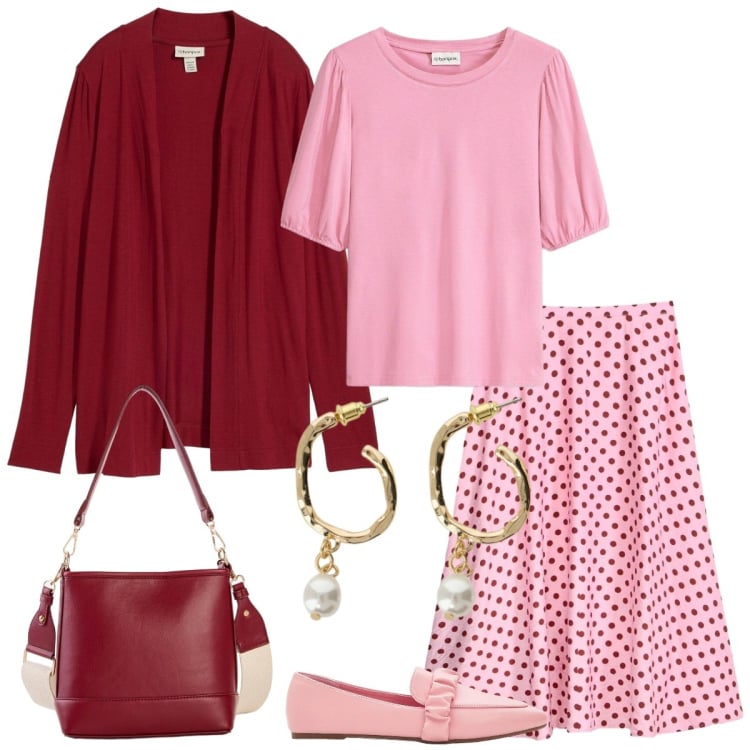 Outfit donna - Pois. Stile Preppy per Tutti i giorni. Abbinamento con gonne longuette, mocassini, bluse, cardigans, borse a tracolla, orecchini.