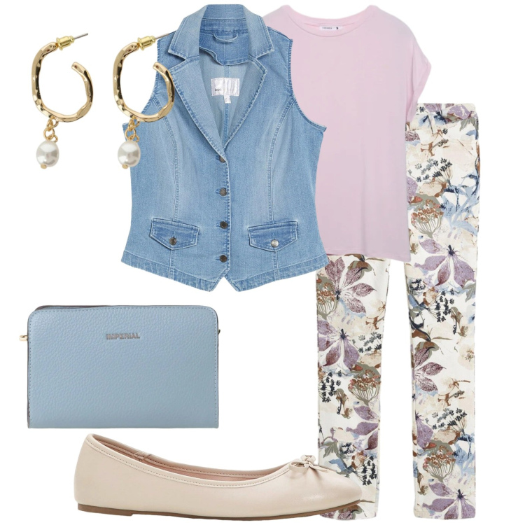 Outfit donna - Total look primavera. Stile Romantica per Tutti i giorni. Abbinamento con pantaloni, gilet, ballerine, t-shirt, borse a tracolla, orecchini.