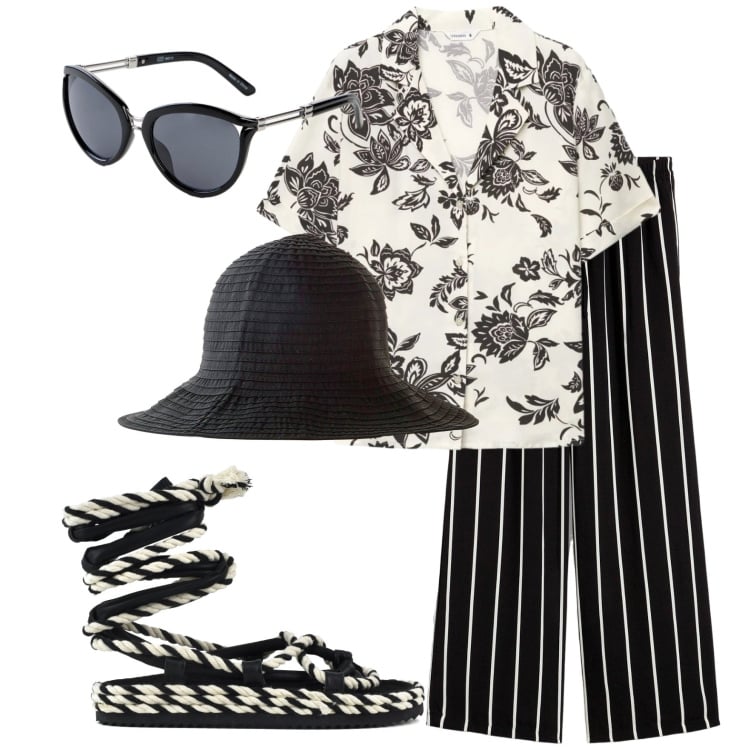 Outfit donna - Optical. Stile Glamour per Tutti i giorni. Abbinamento con pantaloni, cappelli, occhiali da sole, camicie a manica corta, sandali.