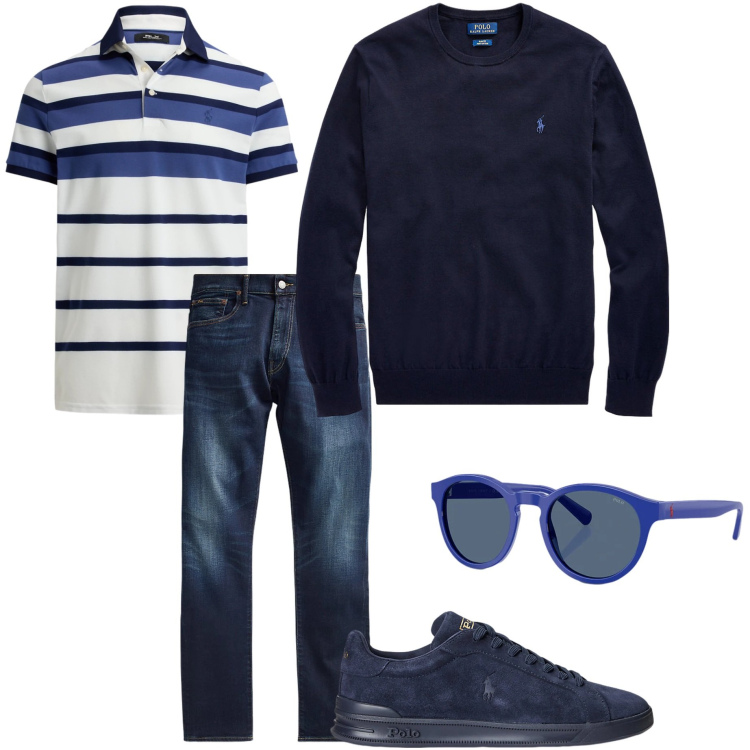 Outfit uomo - Ralph Lauren. Stile Casual per Tutti i giorni. Abbinamento con sneakers, jeans, maglieria, occhiali da sole, polo.