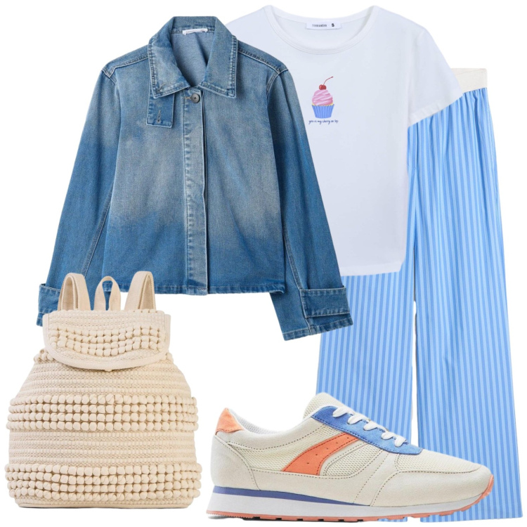 Outfit donna - Total look casual. Stile Casual per Scuola/Università. Abbinamento con pantaloni a palazzo, zaini, sneakers, t-shirt, cappotti.