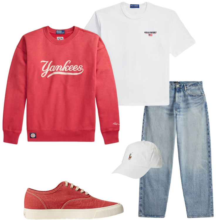 Outfit uomo - Ralph Lauren. Stile Casual per Tutti i giorni. Abbinamento con sneakers, cappelli, jeans, t-shirt, felpe.