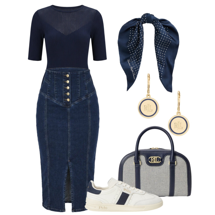 Outfit donna - Punto vita al top !. Stile Casual chic per Tutti i giorni. Abbinamento con gonne longuette, t-shirt, foulard, sneakers, orecchini, borse a mano.