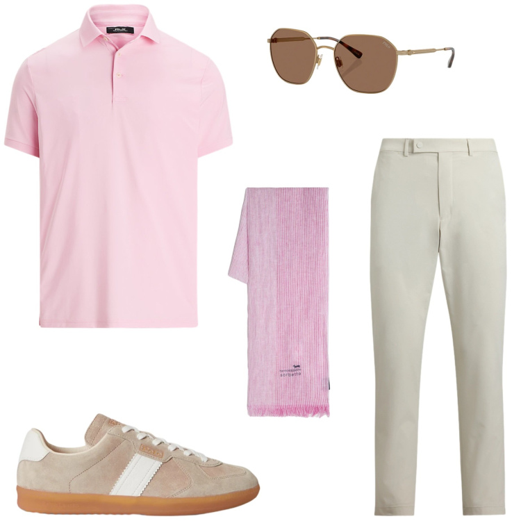 Outfit uomo - Sporty chic. Stile Urban per Tutti i giorni. Abbinamento con sciarpe, polo, pantaloni, sneakers, occhiali da sole.
