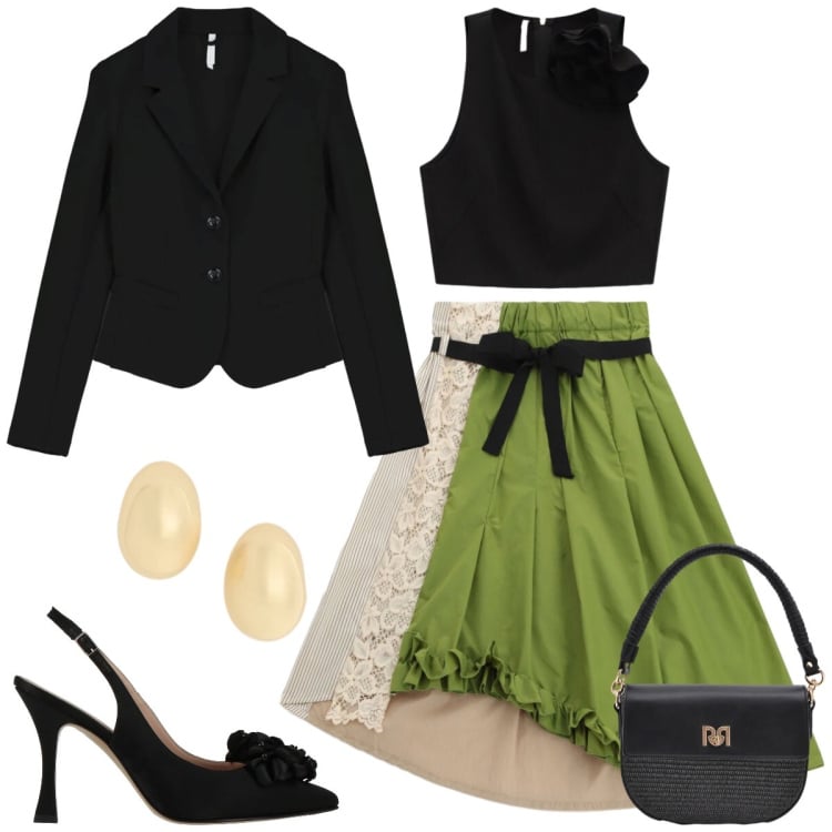 Outfit donna - Serata fuori. Stile Romantica per Serata fuori. Abbinamento con décolleté, blazer, top, borse a spalla, gonne longuette, orecchini.