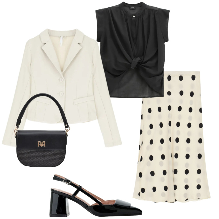 Outfit donna - Gonna e pois. Stile Casual chic per Serata fuori. Abbinamento con blazer, décolleté, borse a spalla, camicie a manica corta, gonne longuette.