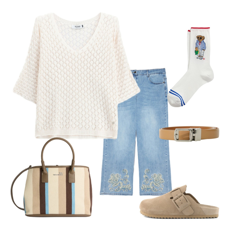 Outfit donna - Total look #2396694. Stile Casual chic per Tutti i giorni. Abbinamento con shopping bag, canottiere, cinture, jeans, calzini, sabot.