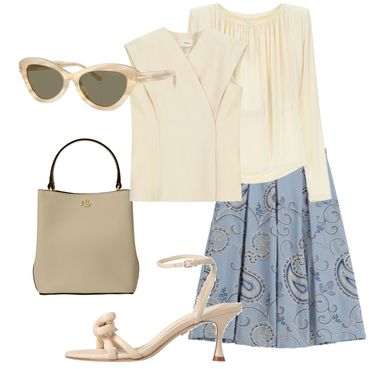 Outfit donna - Beige e azzurro polvere. Stile Bon Ton per Cerimonia. Abbinamento con sandali in pelle, t-shirt, gonne longuette, gilet, occhiali da sole, borse a secchiello.