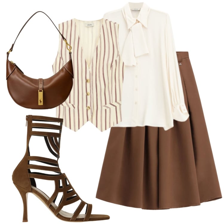 Outfit donna - Intrecci e righe. Stile Glamour per Tutti i giorni. Abbinamento con sandali col tacco, camicie, gonne longuette, gilet, borse a spalla.