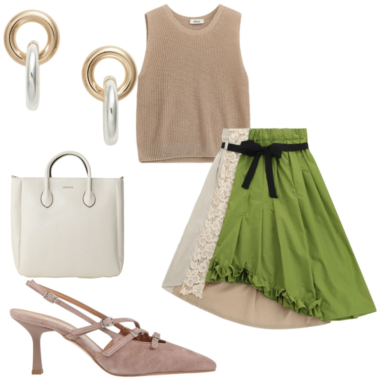 Outfit donna - Gonna protagonista. Stile Glamour per Serata fuori. Abbinamento con décolleté, borse a tracolla, gonne longuette, maglieria, orecchini.