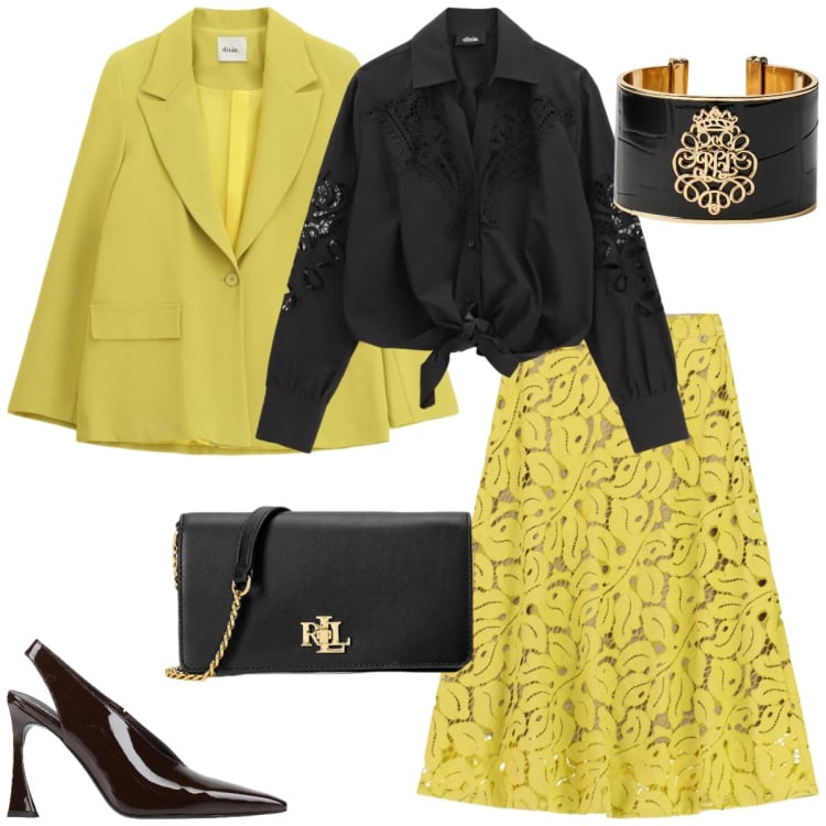 Outfit donna - Fluo. Stile Trendy per Serata fuori. Abbinamento con décolleté, blazer, camicie, gonne longuette, borse a mano, braccialetti.