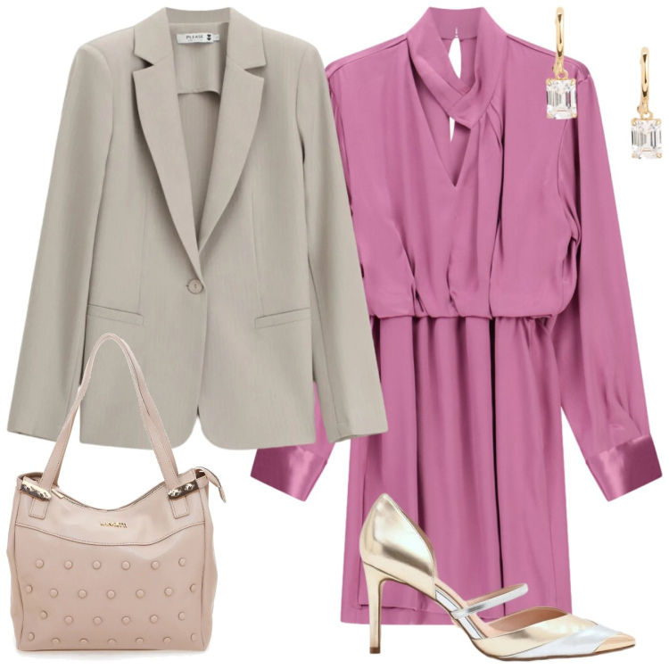 Outfit donna - Occasioni speciali. Stile Chic per Cerimonia. Abbinamento con blazer, décolleté, vestiti asimmetrici, orecchini, shopping bag.