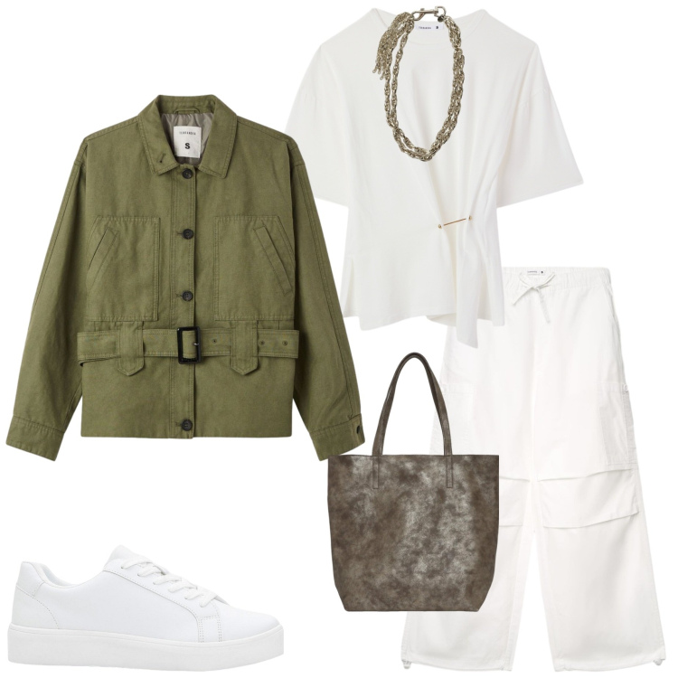 Outfit donna - Maggio. Stile Casual chic per Tutti i giorni. Abbinamento con sneakers, t-shirt, pantaloni cargo, cappotti, shopping bag, collane.