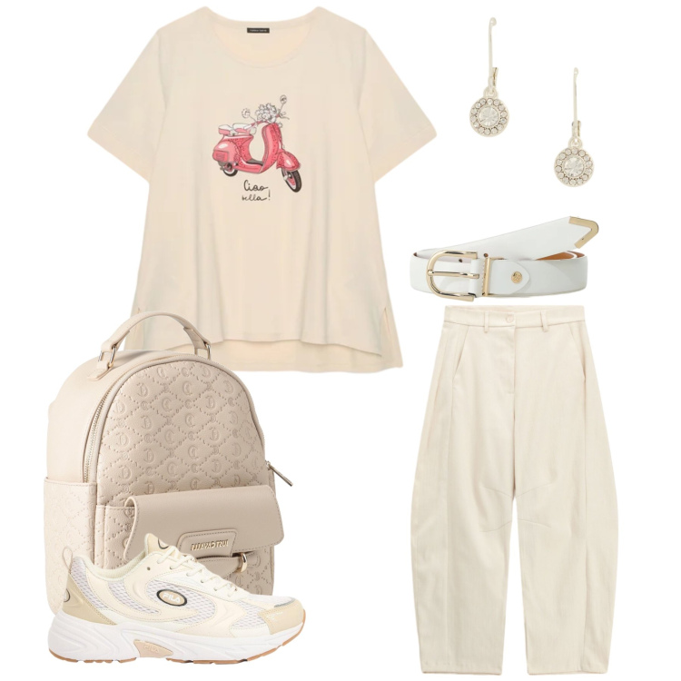Outfit donna - Sogno Italiano. Stile Casual chic per Tutti i giorni. Abbinamento con zaini, sneakers, cinture, pantaloni, t-shirt, orecchini.