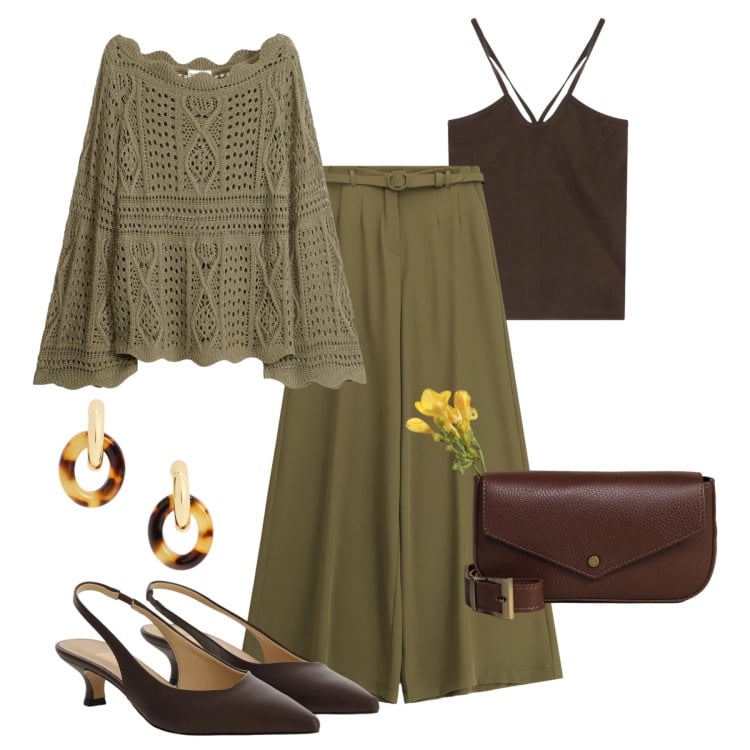 Outfit donna - Leggerezza in città. Stile Trendy per Tutti i giorni. Abbinamento con maglieria, pantaloni a palazzo, canottiere, décolleté, borse a tracolla, orecchini.