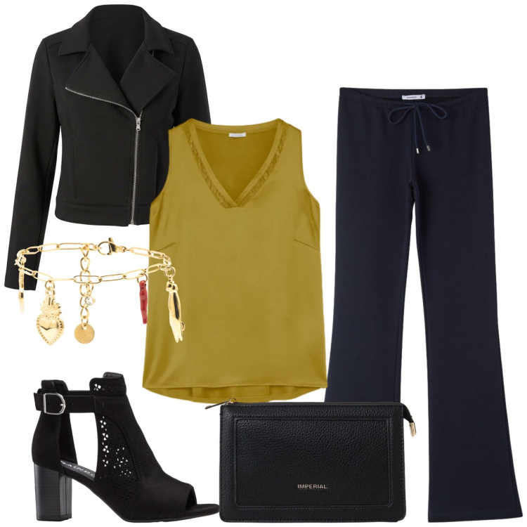Outfit donna - Urban Gold. Stile Glamour per Serata fuori. Abbinamento con sandali col tacco, giacche, pantaloni, borse a tracolla, top, braccialetti.