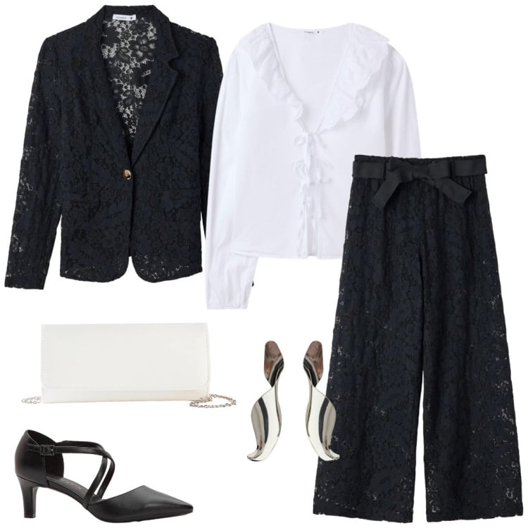 Outfit donna - Il tailleur in pizzo. Stile Chic per Cerimonia. Abbinamento con décolleté, pochette, blazer, pantaloni, camicie, orecchini.