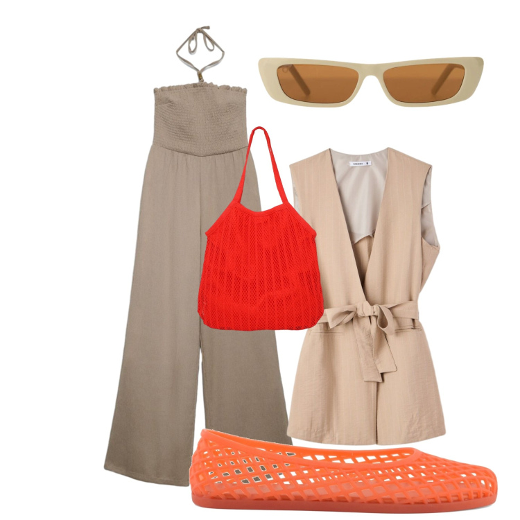 Outfit donna - Sabbia e sole. Stile Casual per Tutti i giorni. Abbinamento con occhiali da sole, tute, gilet, shopping bag, ballerine.