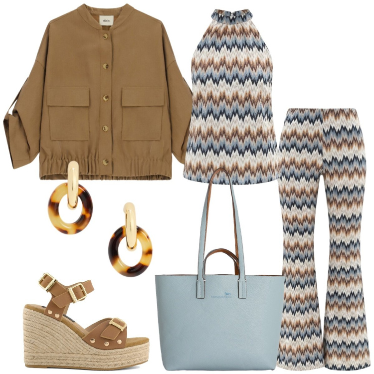 Outfit donna - Passeggiata. Stile 70s per Tutti i giorni. Abbinamento con shopping bag, canottiere, pantaloni, cappotti, orecchini, zeppe.
