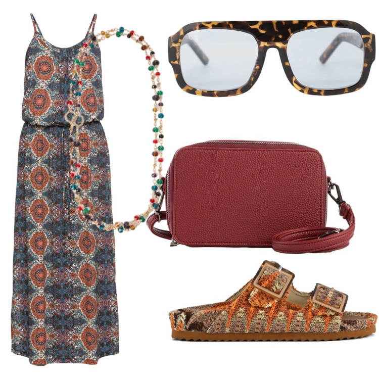 Outfit donna - Etnico e cuoio. Stile Etnico per Tutti i giorni. Abbinamento con vestiti lunghi, borse a tracolla, occhiali da sole, collane, sandali.