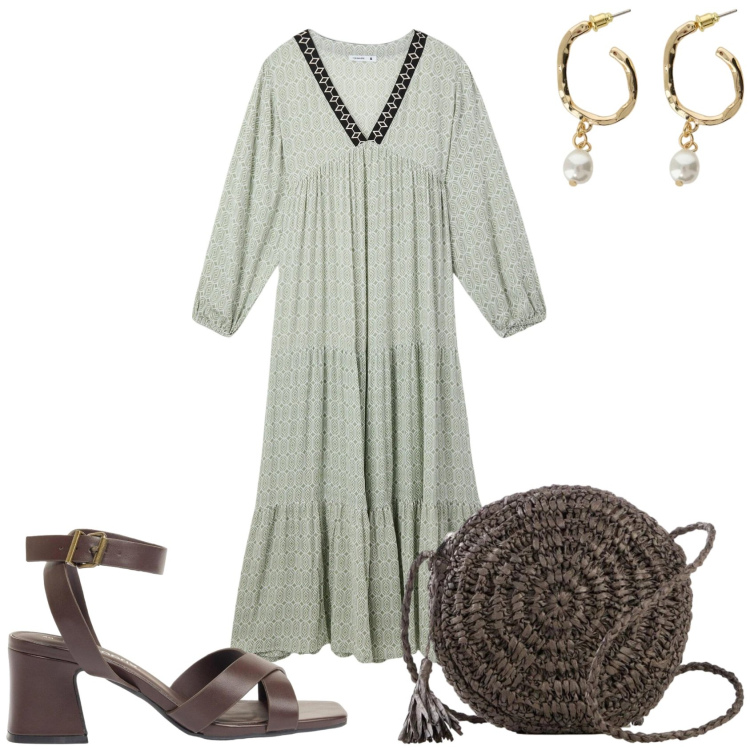 Outfit donna - Vestito lungo verde. Stile Trendy per Tutti i giorni. Abbinamento con sandali col tacco, borse a tracolla, vestiti lunghi, orecchini.