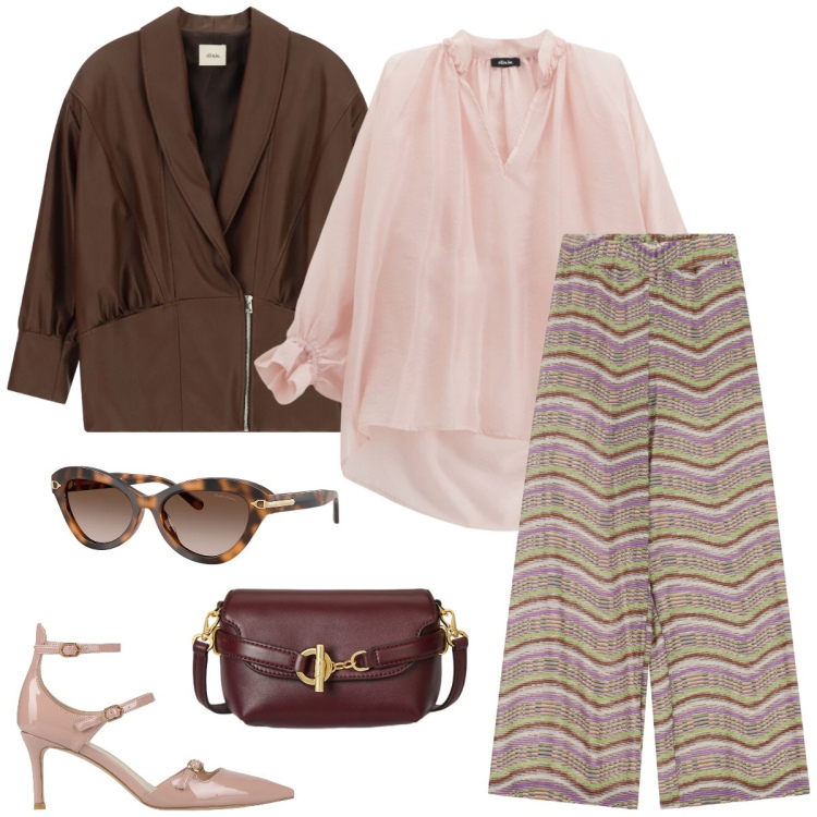 Outfit donna - Aperitivo. Stile Chic per Serata fuori. Abbinamento con décolleté, bluse, blazer, pantaloni a palazzo, occhiali da sole, borse a tracolla.