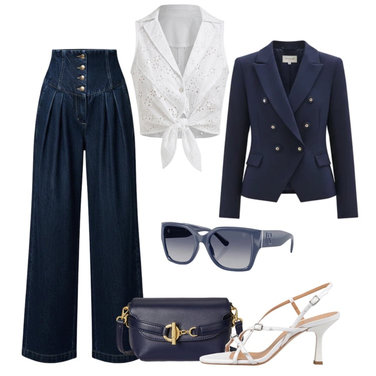 Outfit donna - Punto vita a corsetto. Stile Casual chic per Tutti i giorni. Abbinamento con sandali in pelle, jeans, blazer, top, occhiali da sole, borse a tracolla.