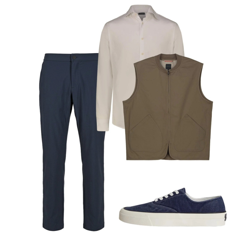 Outfit uomo - Weekend. Stile Casual per Tutti i giorni. Abbinamento con gilet, camicie, pantaloni, sneakers.