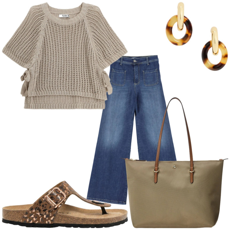 Outfit donna - Jeans e top. Stile Casual per Tutti i giorni. Abbinamento con infradito, jeans, top, borse tote, orecchini.