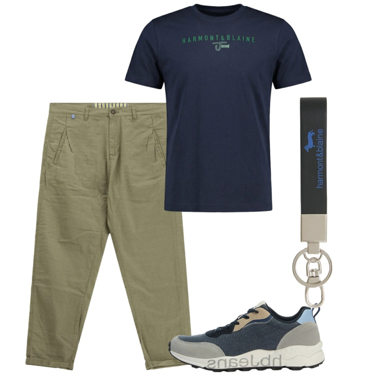Outfit uomo - Maggio. Stile Casual per Tutti i giorni. Abbinamento con pantaloni, portachiavi, sneakers, t-shirt.
