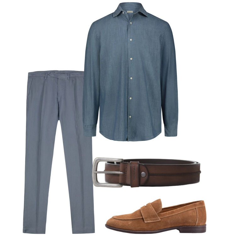 Outfit uomo - Maggio. Stile Casual per Tutti i giorni. Abbinamento con cinture, pantaloni, camicie, scarpe stringate.