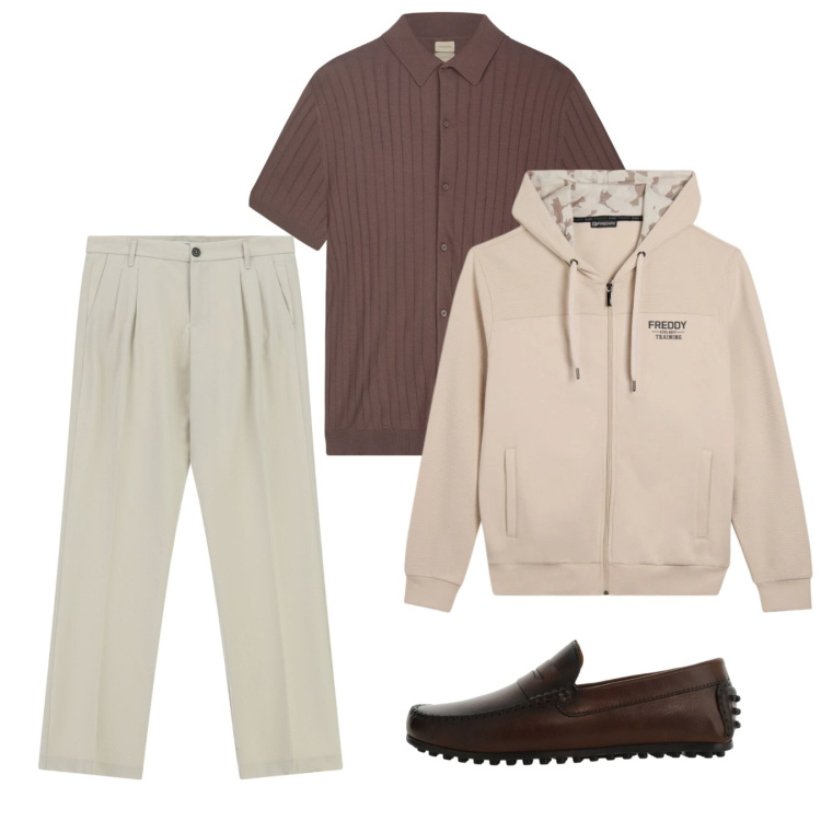 Outfit uomo - Pantaloni chiari. Stile Casual per Tutti i giorni. Abbinamento con pantaloni, scarpe stringate, felpe con cappuccio, polo.