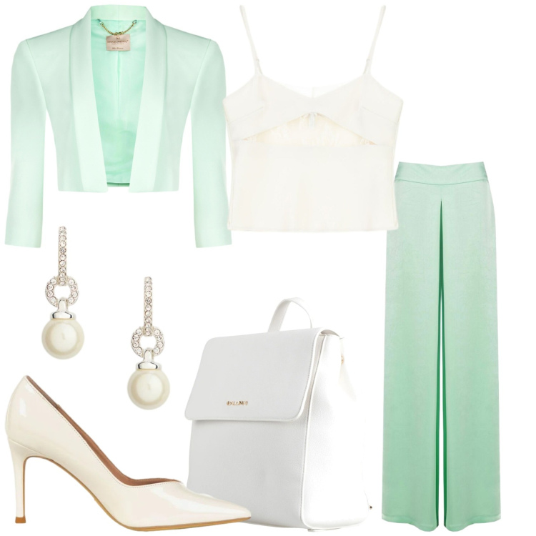 Outfit donna - Cerimonia chic. Stile Chic per Cerimonia. Abbinamento con zaini, canottiere, bolero, décolleté, pantaloni a palazzo, orecchini.