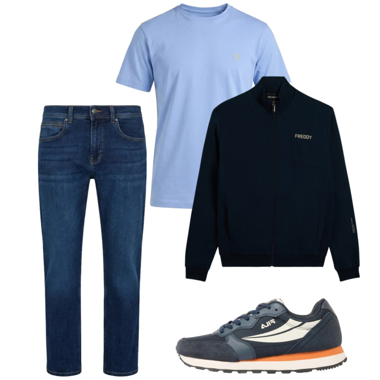 Outfit uomo - Maggio fresco. Stile Casual per Tutti i giorni. Abbinamento con sneakers, t-shirt, jeans dritti, felpe.